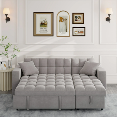 Sleeper Sofa with Storage, Adjustable Backrest, Reversible L-Shaped Pull Out Couch Bed for Living Room, Guest Room, Gray Velvet