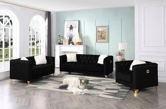 2 Piece Living Room Sofa Set, Including 1 Sofa and 1 Loveseat, Mid-Century Velvet Sofa, Accent Sofa with Golden Metal Legs, Modern Tufted Sofa Couch with Toss Pillow, for Living Room Bedroom, Black