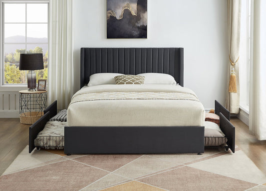 Contemporary Wingback Desgin with Stitching Detail Features 4 Large Pull-Out Wire Mesh Storage Drawers Platform Bed Includes Mattress Support Grey Velvet Fabric