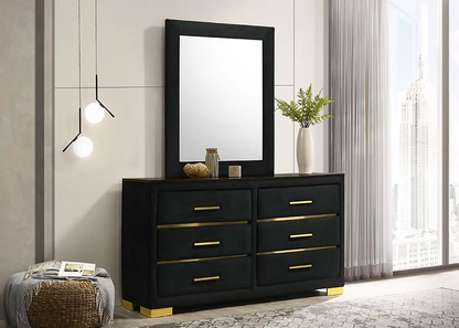 Features Tropical Wood (MDF and Veneers) Deep Vertical Tufting on Headboard Black Velvet with Gold Metal Accents Gold Legs and Hardware Platform Bed (No Box Required)