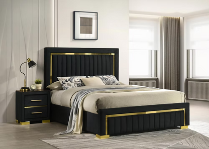 Features Tropical Wood (MDF and Veneers) Deep Vertical Tufting on Headboard Black Velvet with Gold Metal Accents Gold Legs and Hardware Platform Bed (No Box Required)