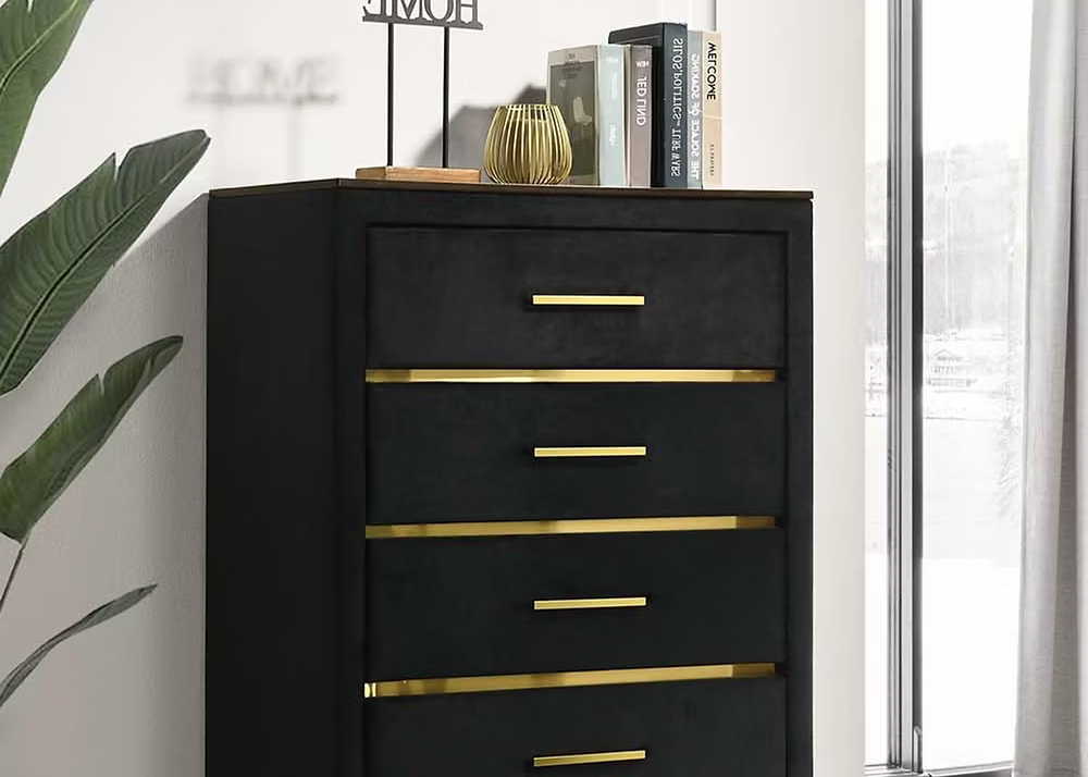 Features Tropical Wood (MDF and Veneers) Deep Vertical Tufting on Headboard Black Velvet with Gold Metal Accents Gold Legs and Hardware Platform Bed (No Box Required)