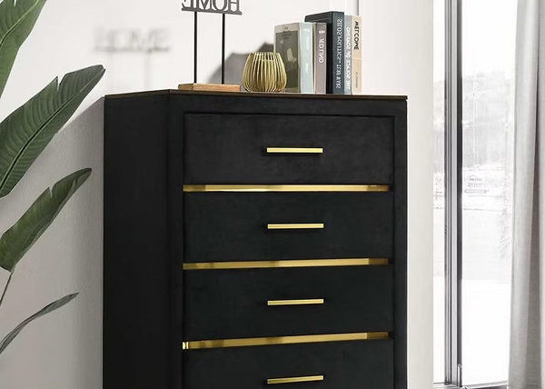 Features Tropical Wood (MDF and Veneers) Deep Vertical Tufting on Headboard Black Velvet with Gold Metal Accents Gold Legs and Hardware Platform Bed (No Box Required)