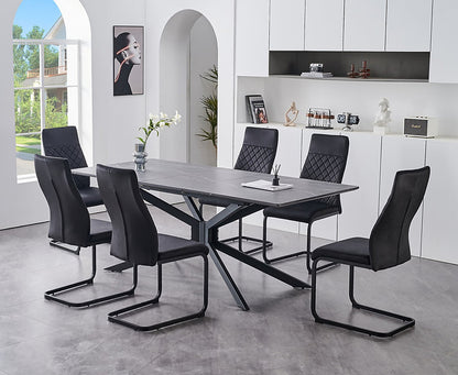 Extension Table: Grey Marble Veneer Top With X-Shape Black Steel Base  Chairs: Soft Black Velvet with Diamond Stitching Details, C-Shaped Black Steel Base