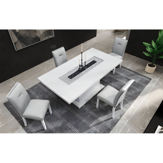 Monaco Glam 6-Piece Dining Set | High Gloss White Table with Silver Glitter Accents, Velvet Chairs & Matching Buffet